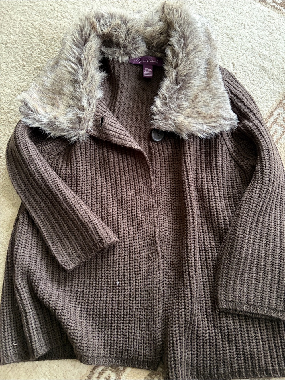 Gloria Vanderbilt Brown Knit Cardigan with Faux Fur Collar